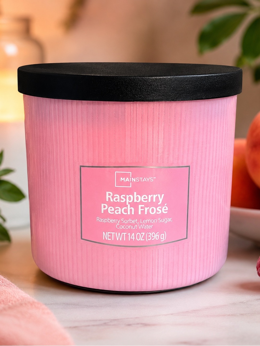 Mainstays Raspberry Peach Frosé Scented Candle - Pink with Black Lid